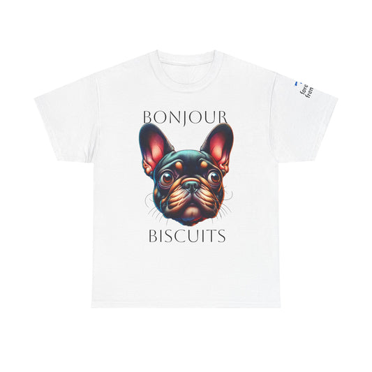 Funny French Bulldog T-Shirt - 'Bonjour Biscuits' Unisex Heavy Cotton Tee